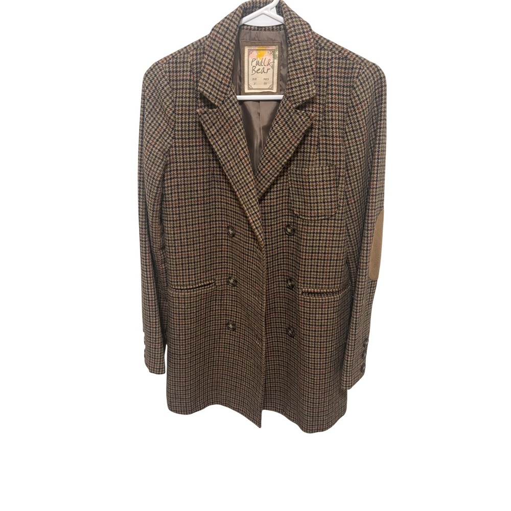 Pull&Bear Brown Houndstooth Double Breasted Blazer Elbow Patches Small